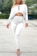 White Casual Print Fold One Shoulder Long Sleeve Two Pieces