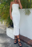 White Sexy Solid Patchwork Strapless Pencil Skirt Dresses