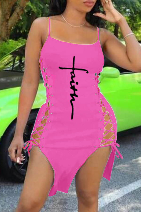 Pink Fashion Sexy Print Bandage Slit Spaghetti Strap Sleeveless Dress