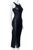 Black Sexy Solid Mesh O Neck Pencil Skirt Dresses