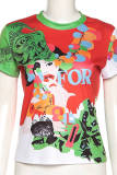 Red Fashion Casual Print Basic O Neck T-Shirts