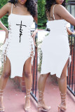White Fashion Sexy Print Bandage Slit Spaghetti Strap Sleeveless Dress