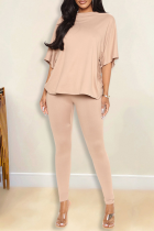 Apricot Casual Solid Split Joint O Neck Half Sleeve Two Pieces