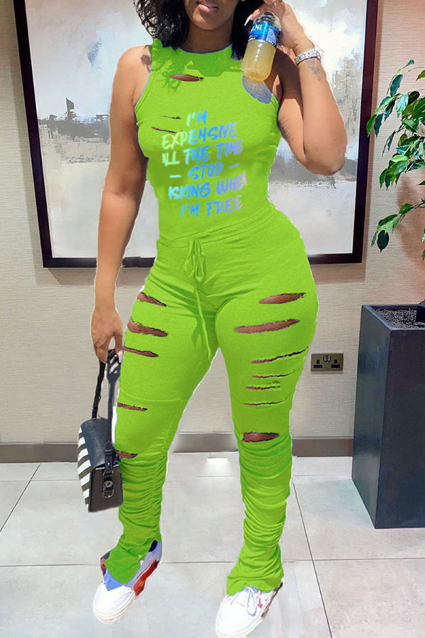 Green Street Print Hollowed Out Patchwork O Neck Regular Jumpsuits