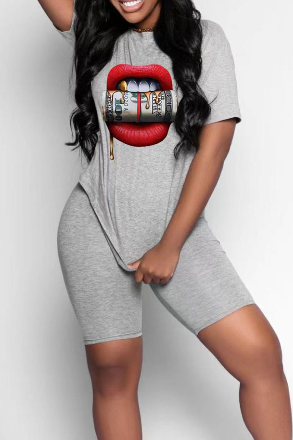 Grey Casual Print Patchwork O Neck Short Sleeve Two Pieces