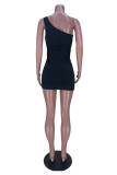 Blue Fashion Sexy Print Hollowed Out Backless One Shoulder Sleeveless Dress