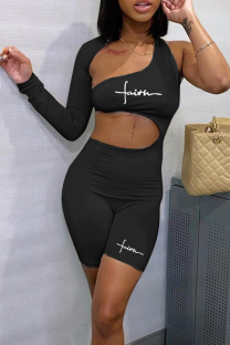 Black Sexy Print Split Joint One Shoulder Skinny Jumpsuits