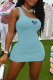 Sky Blue Fashion Print Patchwork One Shoulder Pencil Skirt Dresses