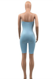 Blue Fashion Sexy Solid Backless Spaghetti Strap Skinny Romper