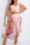 Pink Sexy Solid Tassel Patchwork U Neck Sleeveless Two Pieces