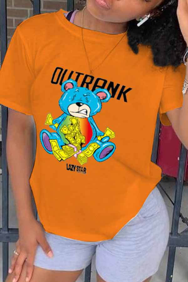Orange Fashion Casual Cartoon Print Basic O Neck T-Shirts