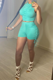 Turquoise Sexy Solid Split Joint Halter Sleeveless Two Pieces