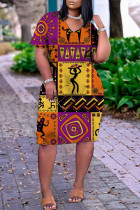 Purple Yellow Casual Print Patchwork V Neck Straight Dresses