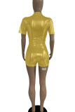 Apricot Sexy Solid Bandage Patchwork Turndown Collar Short Sleeve Two Pieces