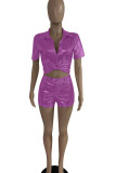 Apricot Sexy Solid Bandage Patchwork Turndown Collar Short Sleeve Two Pieces