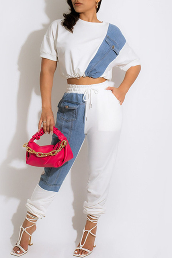 White Fashion Casual Patchwork Basic O Neck Short Sleeve Two Pieces