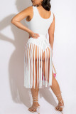 Pink Sexy Solid Tassel Patchwork U Neck Sleeveless Two Pieces