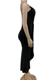 Black Sexy Solid Split Joint Asymmetrical Spaghetti Strap Irregular Dress Dresses