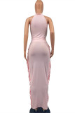 Pink Fashion Casual Solid Tassel O Neck Sleeveless Two Pieces