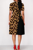 Leopard Print Casual Leopard Bandage Patchwork O Neck A Line Dresses