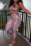 Multicolor Fashion Sexy Print Hollowed Out Backless Halter Sleeveless Two Pieces