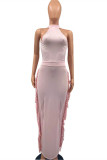 Pink Fashion Casual Solid Tassel O Neck Sleeveless Two Pieces