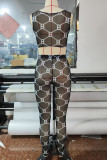 Black Sexy Print Patchwork See-through U Neck Sleeveless Two Pieces
