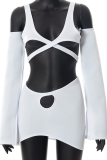 White Sexy Solid Hollowed Out V Neck Long Sleeve Two Pieces