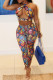 Multicolor Fashion Sexy Print Hollowed Out Backless Halter Sleeveless Two Pieces