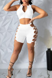 Black Sexy Solid Bandage Hollowed Out Split Joint Zipper Collar Sleeveless Two Pieces