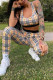 Khaki Fashion Casual Sleeveless U Neck Tank Short Plaid Print Two Pieces