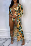 Yellow Fashion Sexy Print Hollowed Out Cardigan Swimwears