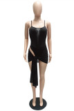 Burgundy Fashion Sexy Solid Split Joint See-through Backless Spaghetti Strap Sleeveless Two Pieces