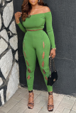 Green Fashion Solid Hollowed Out Off the Shoulder Long Sleeve Two Pieces