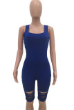 Blue Fashion Sexy Patchwork Hole Burn-out Hollow Solid Sleeveless O Neck Jumpsuits