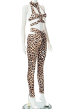 Yellow Sexy Animal Print Hollowed Out Halter Sleeveless Two Pieces