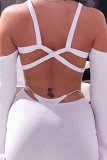 White Sexy Solid Hollowed Out V Neck Long Sleeve Two Pieces