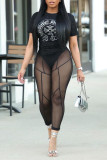 Black Sexy Solid Split Joint See-through High Waist Pencil Patchwork Bottoms