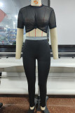Black Sexy Solid Patchwork O Neck Short Sleeve Two Pieces