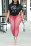 Pink Sexy Solid Split Joint See-through High Waist Pencil Patchwork Bottoms