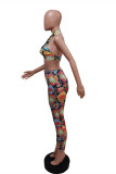 Multicolor Fashion Sexy Print Hollowed Out Backless Halter Sleeveless Two Pieces