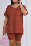 Rose Red Fashion Casual Solid Slit V Neck Short Sleeve Two Pieces