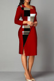Red Casual Elegant Print Patchwork Slit Asymmetrical Collar One Step Skirt Dresses