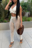 White Sexy Solid Bandage Hollowed Out Patchwork Halter Sleeveless Two Pieces