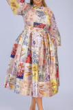 Pink Fashion Casual Print Patchwork Mandarin Collar A Line Dresses