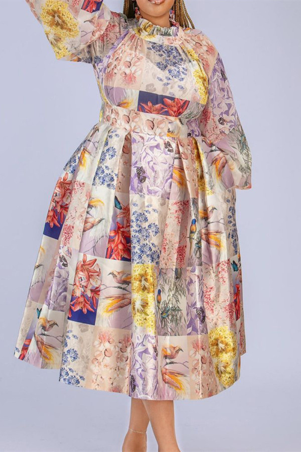 Pink Fashion Casual Print Patchwork Mandarin Collar A Line Dresses