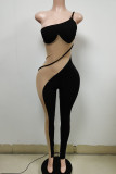 Coffee Sexy Solid Split Joint See-through Oblique Collar Regular Jumpsuits