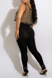 Black Silver Sexy Solid Hollowed Out Patchwork O Neck Tops
