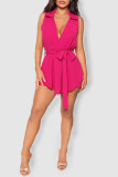 Rose Red Casual Solid Patchwork V Neck Straight Rompers