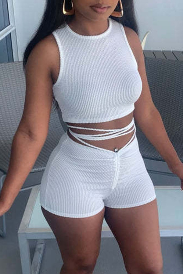 White Sexy Solid Bandage Patchwork O Neck Sleeveless Two Pieces